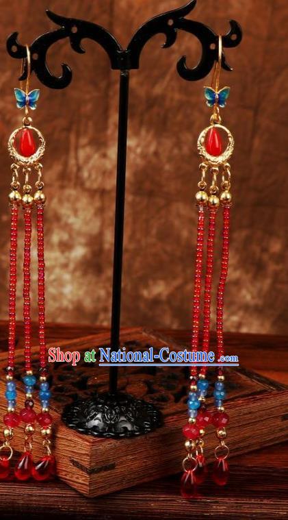 China Traditional Ming Dynasty Wedding Earrings Handmade Ancient Princess Red Beads Tassel Ear Accessories