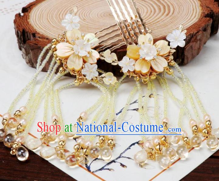 Chinese Ancient Palace Lady Shell Sakura Hairpin Traditional Ming Dynasty Yellow Beads Tassel Hair Combs