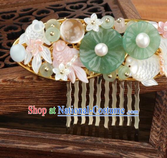 Chinese Ancient Palace Lady Hairpin Traditional Song Dynasty Jade Lotus Leaf Hair Comb