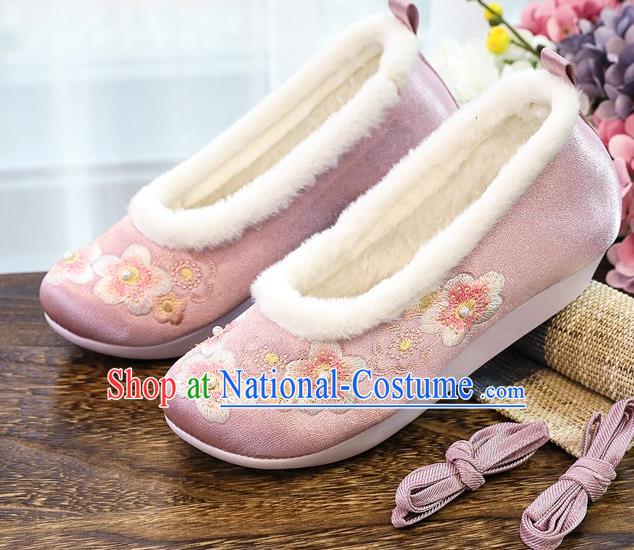 China National Embroidered Plum Blossom Shoes Traditional Pearls Shoes Handmade Ming Dynasty Winter Pink Shoes