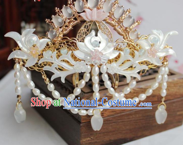 Chinese Ancient Princess Shell Lotus Hairpin Hanfu Hair Accessories Traditional Tang Dynasty Pearls Tassel Hair Crown