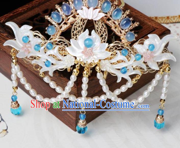 Chinese Ancient Princess Azurlite Hairpin Hanfu Hair Accessories Traditional Tang Dynasty Shell Lotus Hair Crown