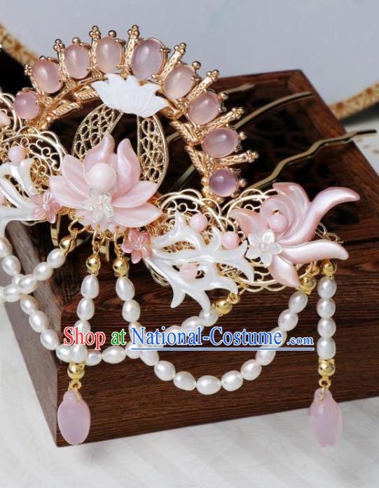 Chinese Ancient Princess Pearls Tassel Hairpin Hanfu Hair Accessories Traditional Tang Dynasty Pink Chalcedony Hair Crown