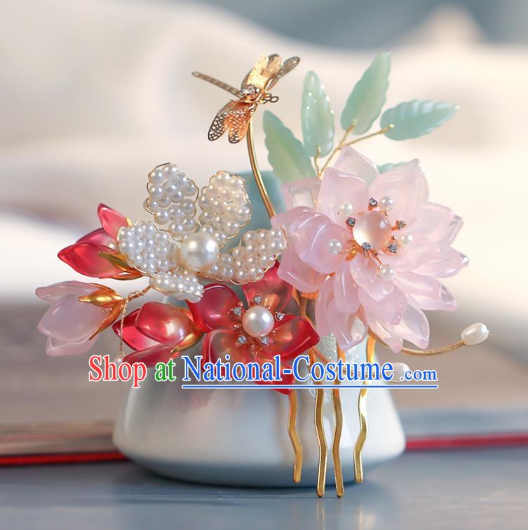 Chinese Ancient Princess Golden Dragonfly Hairpin Traditional Song Dynasty Pink Lotus Hair Comb