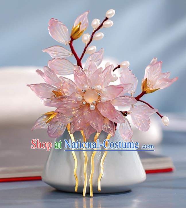 Chinese Ancient Hair Accessories Princess Hairpin Traditional Hanfu Pink Flowers Hair Comb