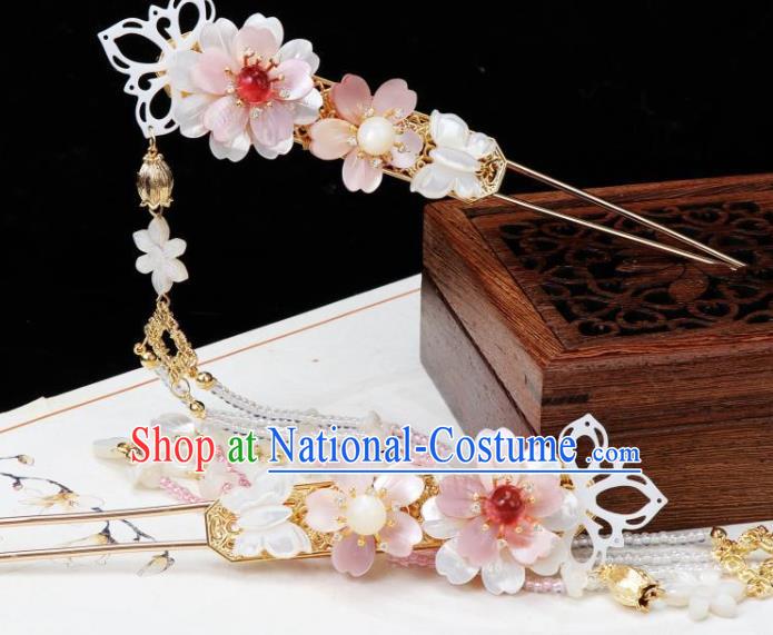 Chinese Ancient Princess Beads Tassel Hairpin Traditional Tang Dynasty Shell Sakura Hair Stick