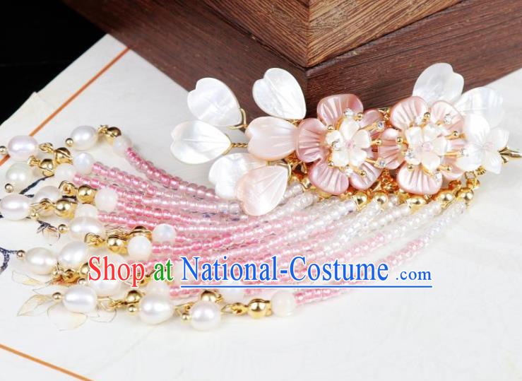 Chinese Ancient Princess Shell Plum Hair Stick Traditional Tang Dynasty Pearls Tassel Hair Claws