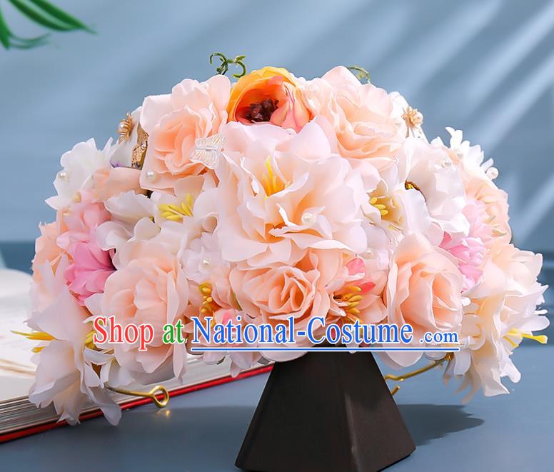 Chinese Ancient Imperial Consort Hair Accessories Traditional Song Dynasty Court Pink Silk Flowers Hair Crown