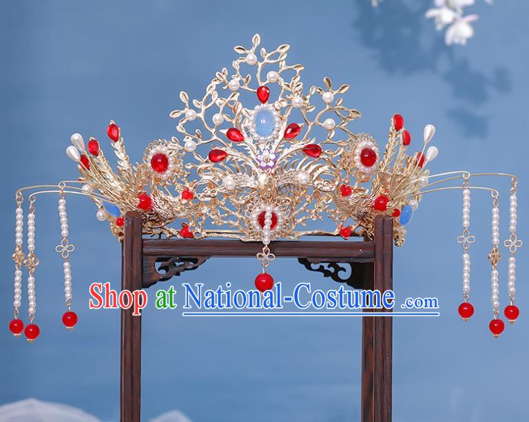 Chinese Ancient Bride Golden Hair Crown Traditional Ming Dynasty Wedding Tassel Phoenix Coronet