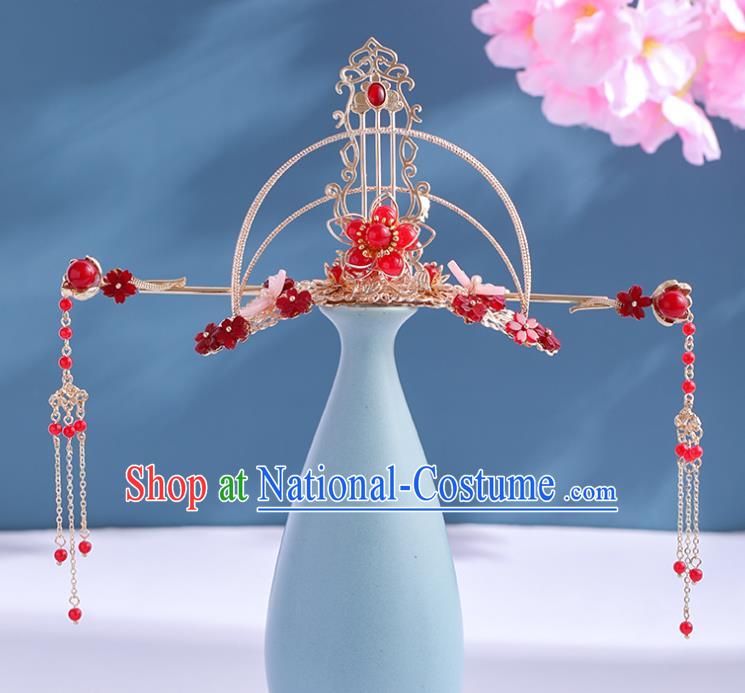 Chinese Traditional Wedding Hair Accessories Ancient Princess Golden Hair Crown and Tassel Hairpin