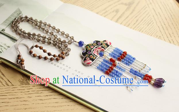 China Handmade Embroidered Necklet Traditional Cheongsam Blue Beads Tassel Necklace Accessories