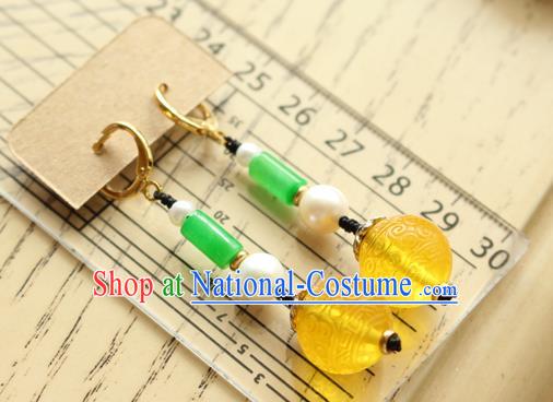 China Classical Cheongsam Beeswax Carving Ear Jewelry Handmade National Jade Pearl Earrings