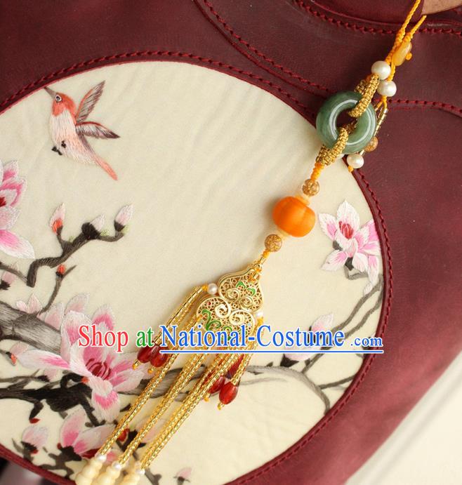 Chinese National Golden Gourd Tassel Pendant Classical Qipao Dress Jade Peace Buckle Brooch