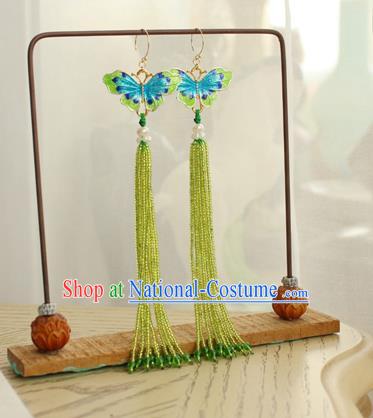 China Classical Cheongsam Green Beads Tassel Ear Jewelry Handmade National Blueing Butterfly Earrings