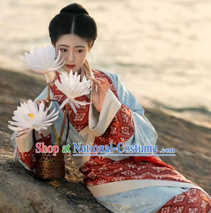 China Traditional Han Dynasty Palace Lady Blue Hanfu Dress Ancient Royal Princess Historical Clothing