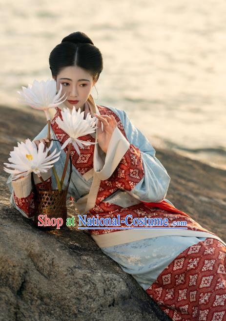 China Traditional Han Dynasty Palace Lady Blue Hanfu Dress Ancient Royal Princess Historical Clothing