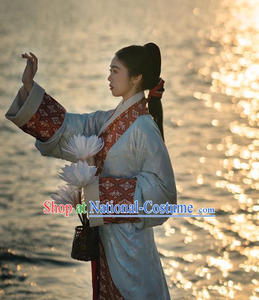 China Traditional Han Dynasty Palace Lady Blue Hanfu Dress Ancient Royal Princess Historical Clothing