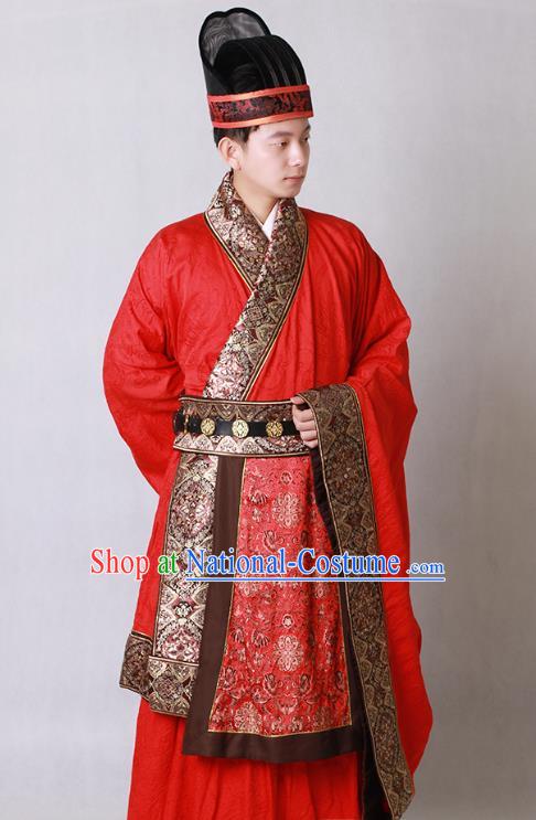 China Traditional Tang Dynasty Wedding Historical Clothing Ancient Noble Childe Red Hanfu Garments and Hat for Men