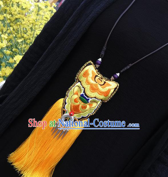 China Traditional Miao Minority Yellow Tassel Necklace Handmade Hmong Ethnic Embroidered Necklet Accessories