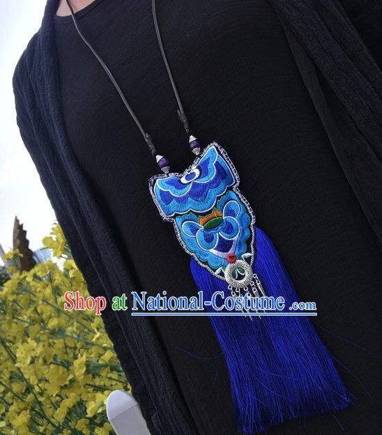 China Handmade Ethnic Embroidered Necklet Accessories Traditional Miao Minority Royalblue Tassel Necklace