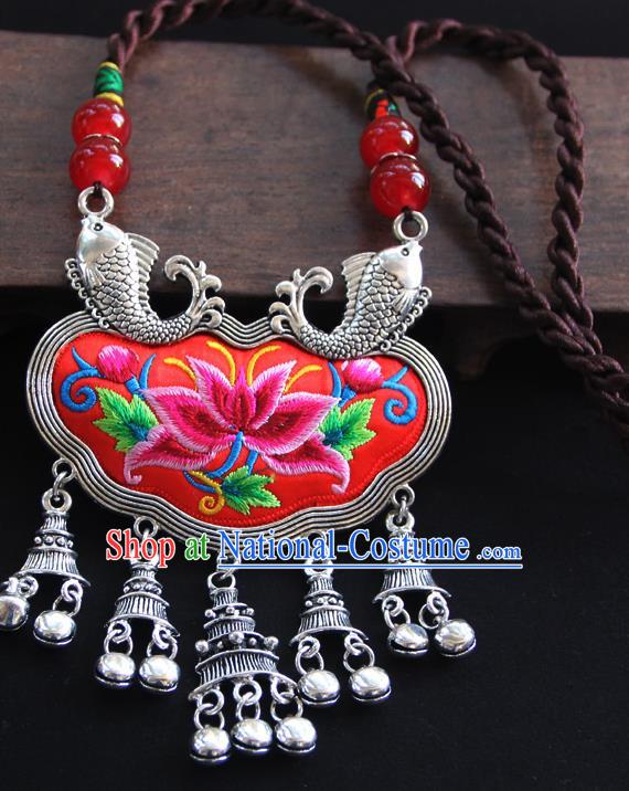 China Handmade Ethnic Silver Bells Necklet Accessories Traditional Miao Minority Embroidered Red Necklace