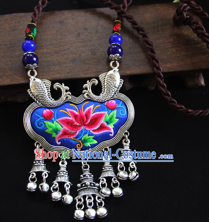 China Handmade Yunnan Ethnic Silver Bells Necklet Accessories Traditional Miao Minority Embroidered Blue Necklace