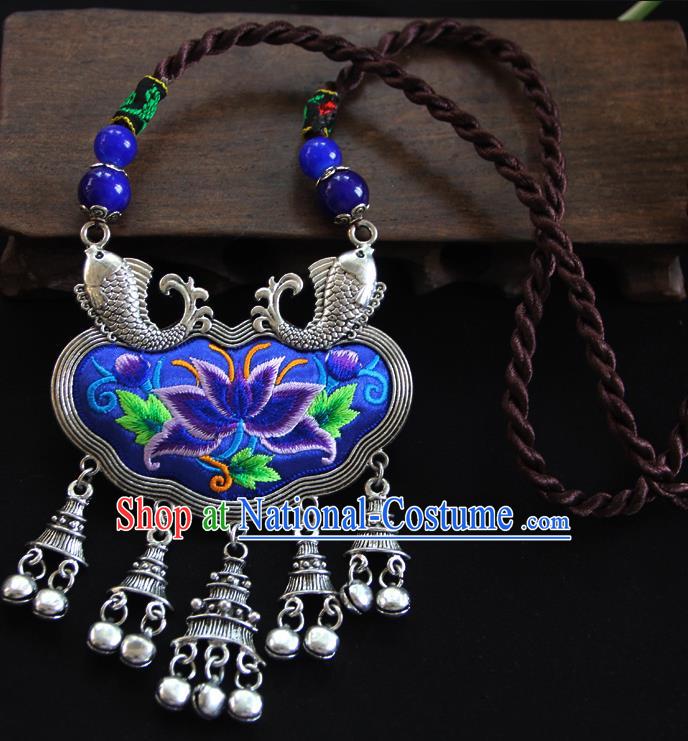 China Traditional Miao Minority Embroidered Royalblue Necklace Handmade Ethnic Silver Bells Necklet Accessories