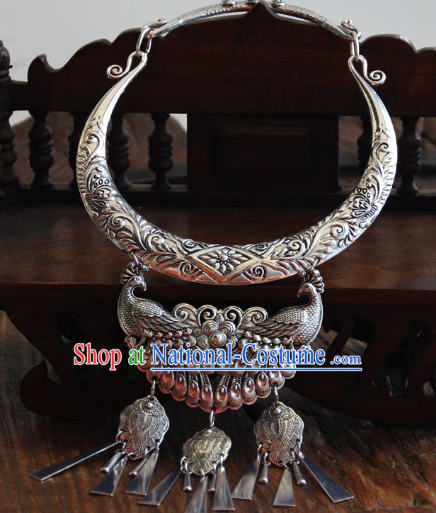 China Traditional Miao Minority Wedding Necklace Handmade Ethnic Silver Peacock Necklet Accessories