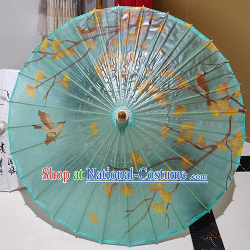 China Traditional Green Oilpaper Umbrella Classical Dance Umbrellas Handmade Painting Ginkgo Leaf Oil Paper Umbrella