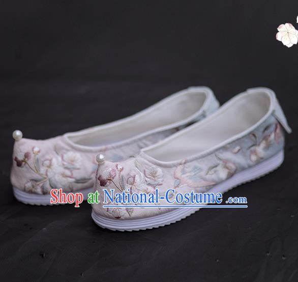 Chinese Handmade Light Pink Cloth Shoes Traditional Hanfu Shoes Embroidered Begonia Shoes