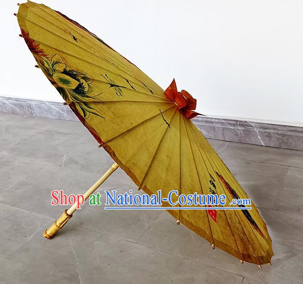 China Hand Painting Lotus Yellow Silk Umbrella Traditional Umbrella Craft Classical Dance Umbrella