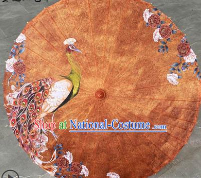 China Classical Dance Umbrella Hand Painting Peacock Brown Silk Umbrella Traditional Umbrella Craft