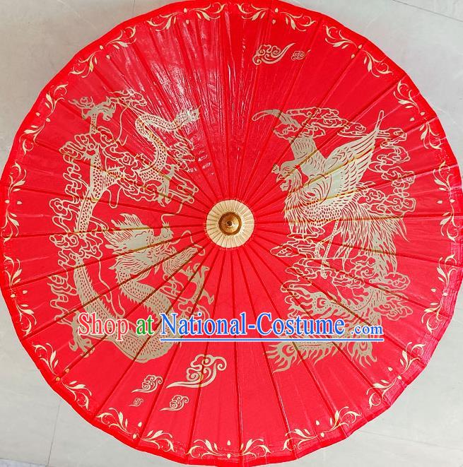 China Classical Wedding Umbrella Hand Painting Phoenix Dragon Umbrella Traditional Red Oilpaper Umbrella Craft