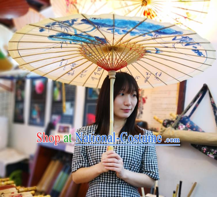 China Traditional Hanfu Oilpaper Umbrella Hand Painting Blue Lotus Umbrella Classical Dance Oil Paper Umbrella