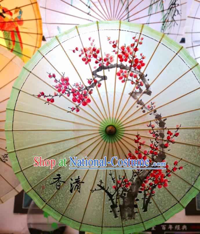 China Classical Dance Green Oil Paper Umbrella Traditional Hanfu Oilpaper Umbrella Hand Ink Painting Plum Umbrella