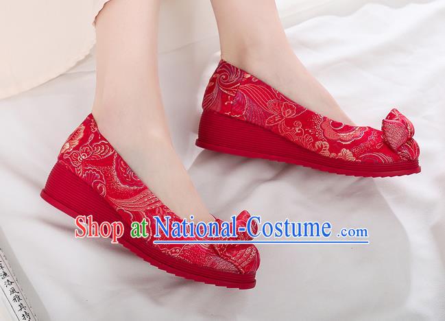 China National Wedding Bride Red Satin Shoes Traditional Cheongsam Wedge Heel Shoes