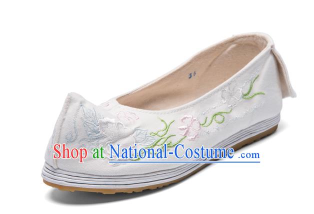 Chinese Ancient Princess Shoes Traditional Ming Dynasty Hanfu Shoes Handmade Embroidered White Bow Shoes