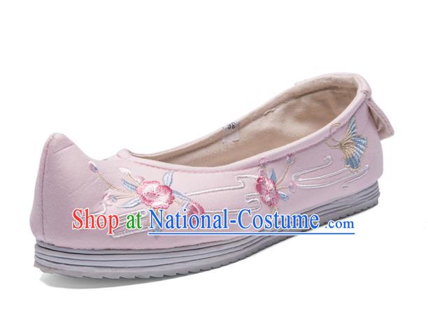 Chinese Traditional Ming Dynasty Hanfu Shoes Handmade Embroidered Pink Cloth Shoes Ancient Princess Shoes