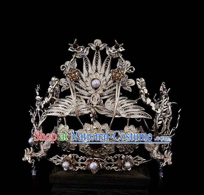 China Ancient Empress Hair Accessories Handmade Traditional Ming Dynasty Court Golden Phoenix Hair Crown