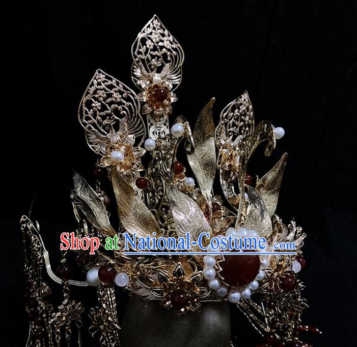 China Ancient Queen Hair Accessories Handmade Traditional Ming Dynasty Empress Golden Hair Crown