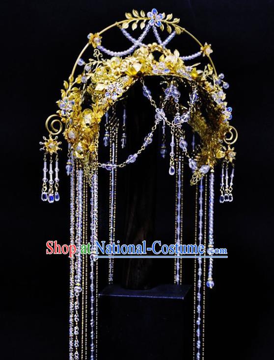 China Ancient Goddess Hair Accessories Handmade Traditional Cosplay Fairy Queen Tassel Golden Hair Crown