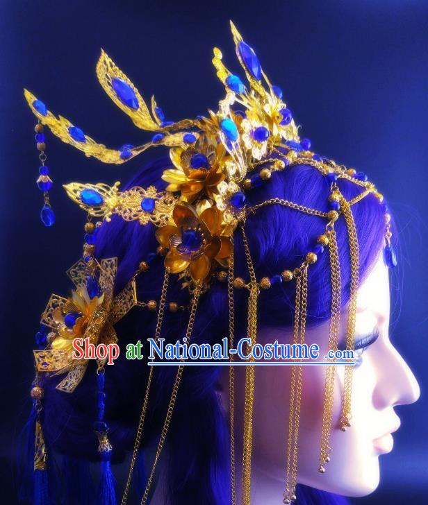 China Ancient Fairy Phoenix Coronet Headwear Handmade Traditional Cosplay Female Swordsman Blue Crystal Hair Crown