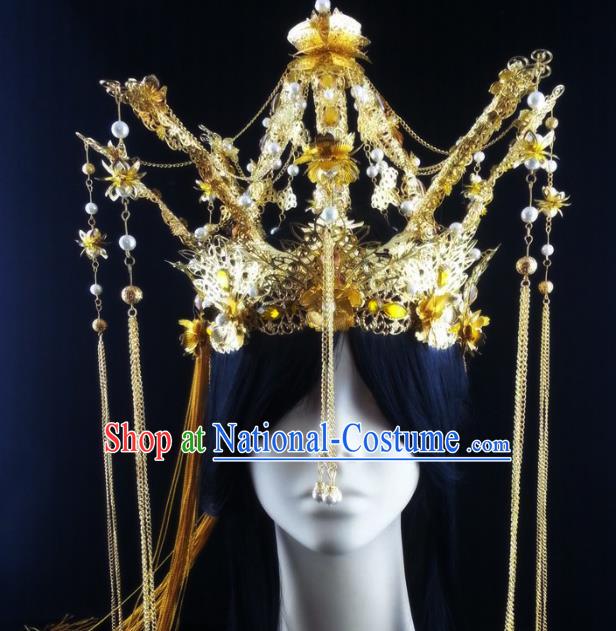 China Ancient Goddess Phoenix Coronet Headwear Handmade Traditional Cosplay Queen Golden Tassel Hair Crown