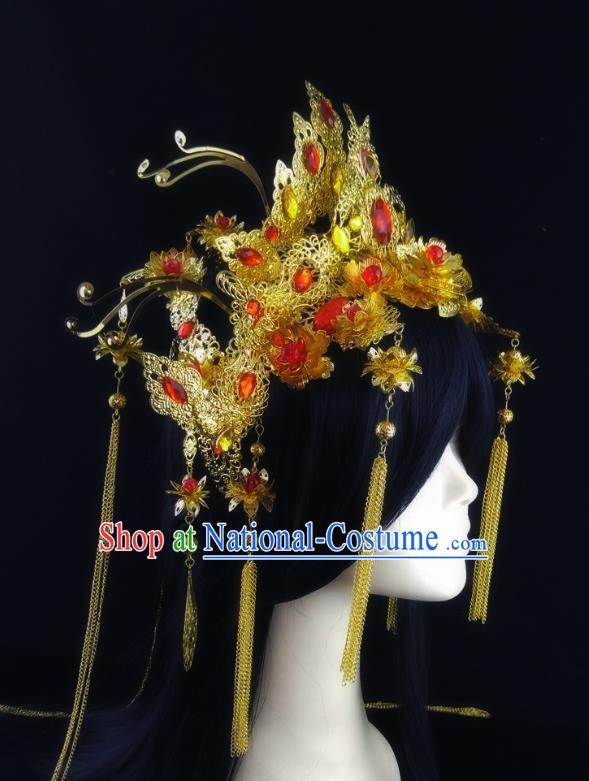 China Ancient Ming Dynasty Princess Tassel Phoenix Coronet Headwear Handmade Traditional Wedding Golden Hair Crown