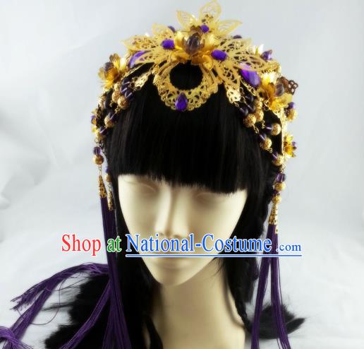 China Ancient Queen Tassel Hair Accessories Handmade Traditional Cosplay Goddess Golden Hair Crown