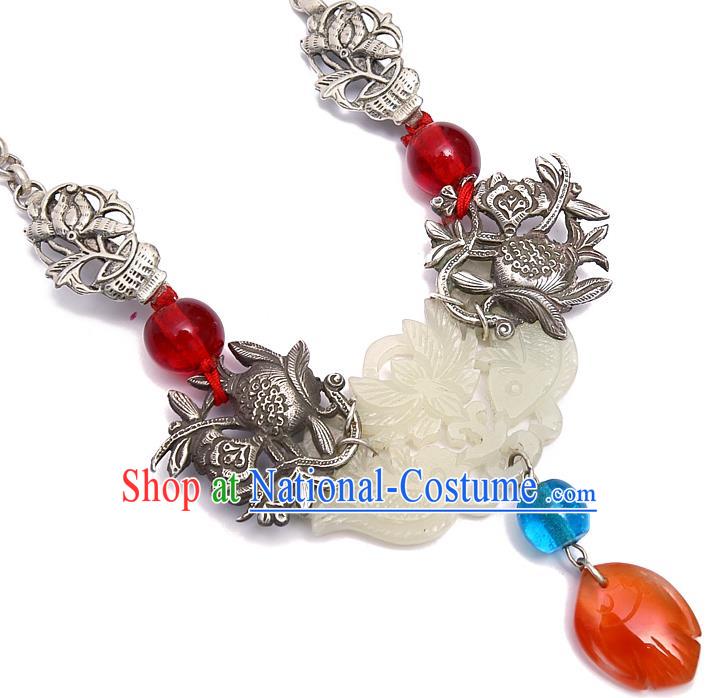 Chinese National Jade Necklace Pendant Miao Ethnic Silver Necklet Accessories