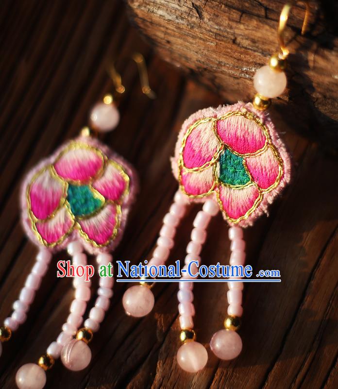 China Traditional Cheongsam Pink Beads Tassel Ear Accessories National Embroidered Earrings