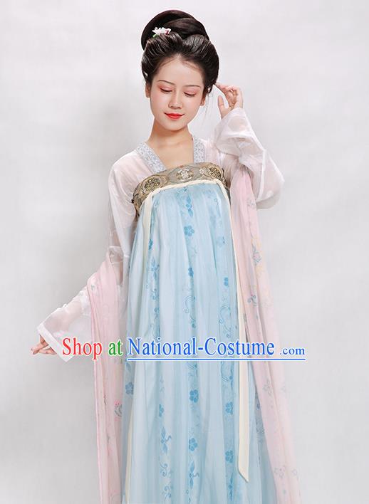 China Traditional Tang Dynasty Palace Lady Historical Clothing Ancient Court Beauty Blue Hanfu Dress