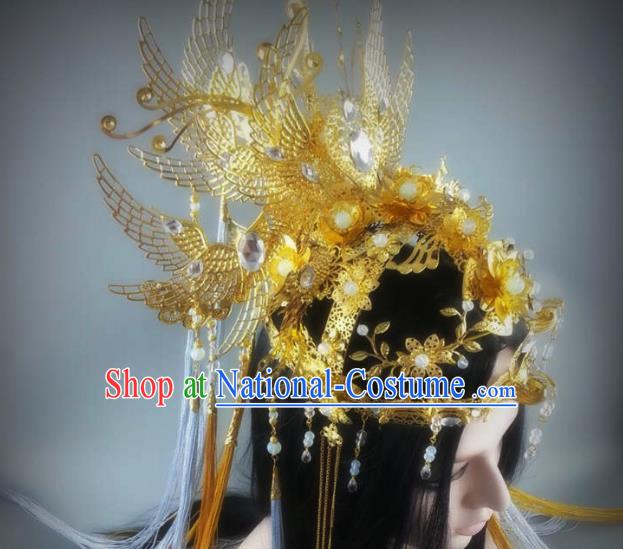 China Ancient Goddess Queen Phoenix Coronet Headwear Handmade Traditional Cosplay Empress Golden Hair Crown