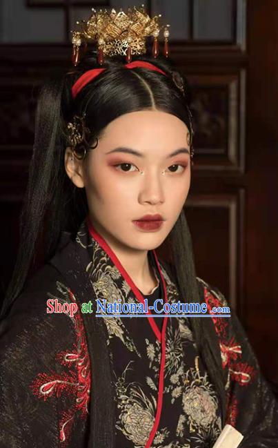 China Ancient Swordswoman Hair Accessories Traditional Tang Dynasty Taoist Nun Golden Lotus Hair Crown